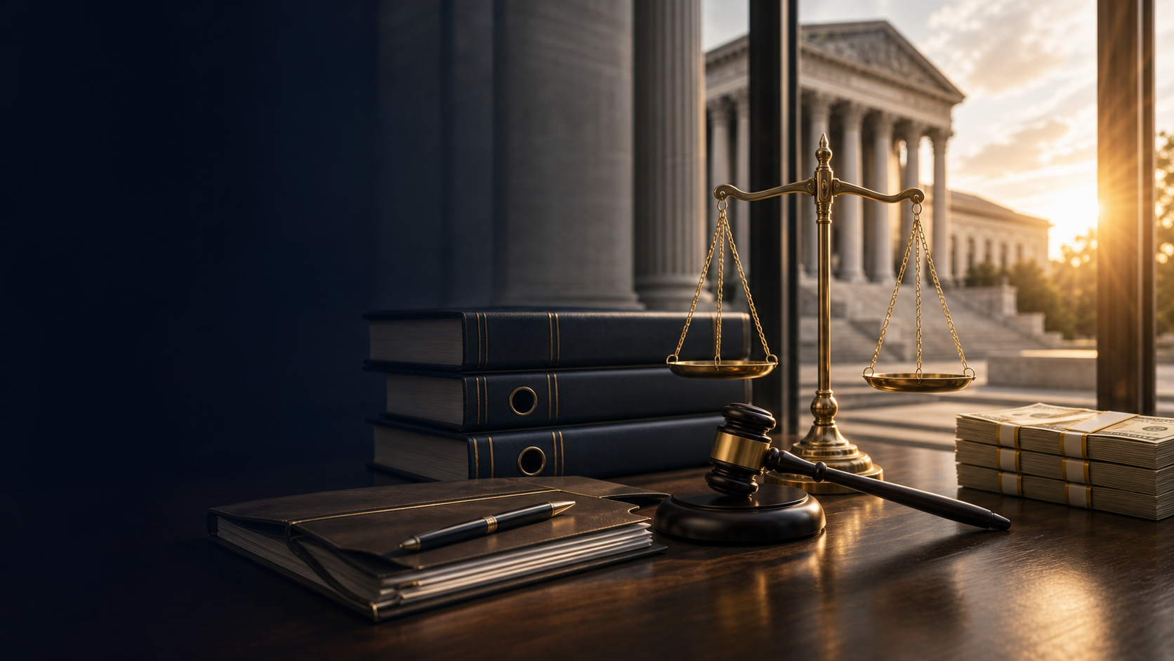 Legal funding desk with scales, courthouse, gavel, and cash