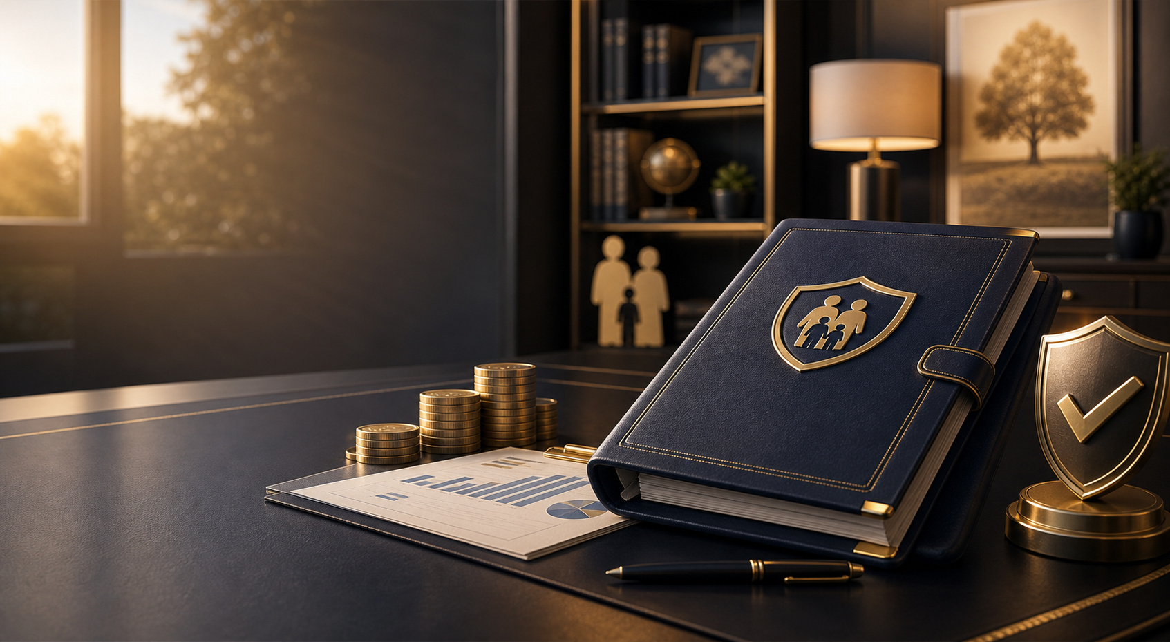 Life settlement portfolio with shield, family symbol, charts, and coins