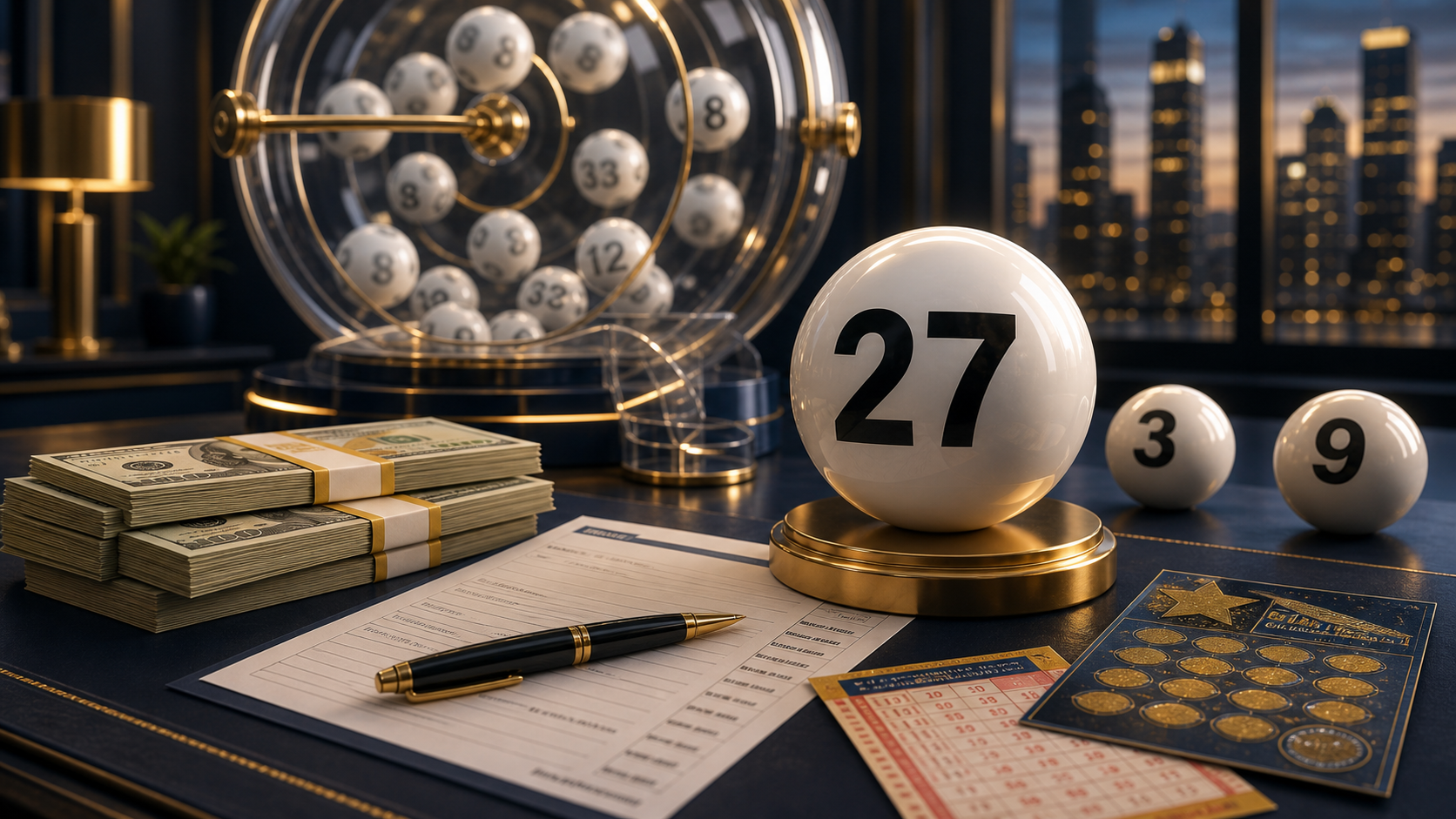 Lottery winnings desk with numbered ball, cash, forms, and tickets